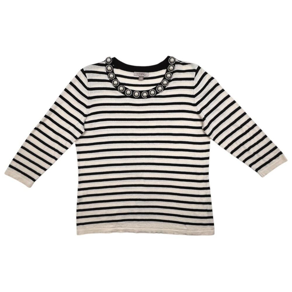 Roz & Ali Sweater Womens XL Black White Stripe Beaded Neck 3/4 Sleeve